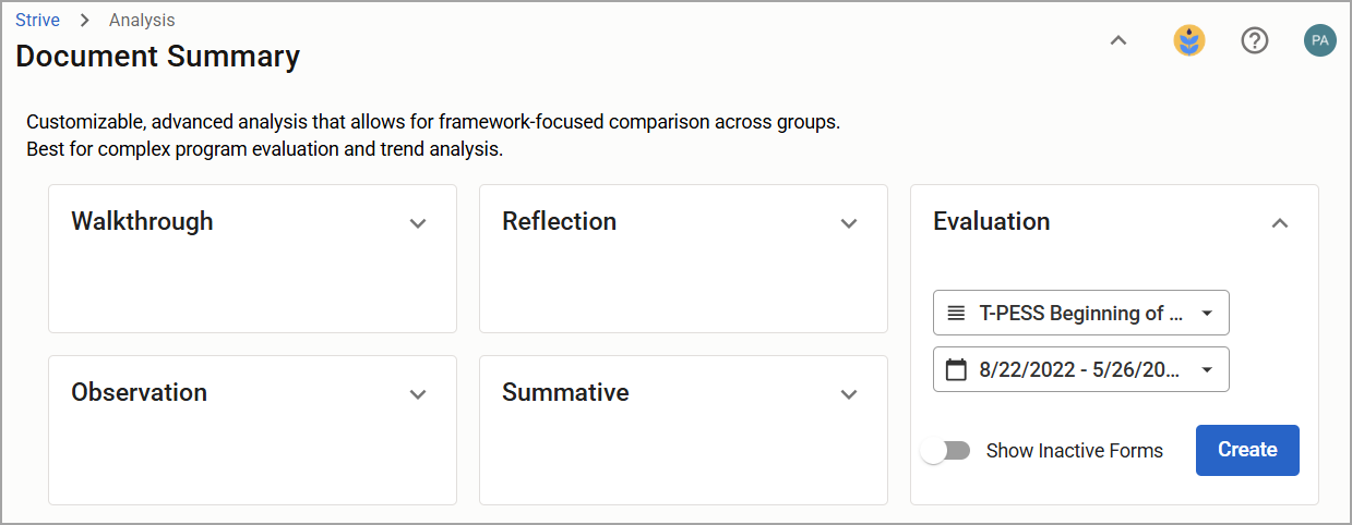 Document summary section with options for selecting a specific form from a specific form type.